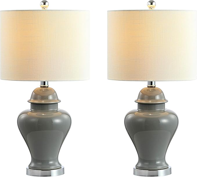 JONATHAN Y 22" Gray Ceramic Table Lamp Set of 2 for Bedroom Living Room, White Linen Shade, Traditional Ginger Jar Nightstand Lamp, Classic Cottage LED Lights (JYL6602B-SET2)