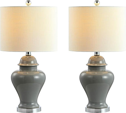 JONATHAN Y 22" Gray Ceramic Table Lamp Set of 2 for Bedroom Living Room, White Linen Shade, Traditional Ginger Jar Nightstand Lamp, Classic Cottage LED Lights (JYL6602B-SET2)