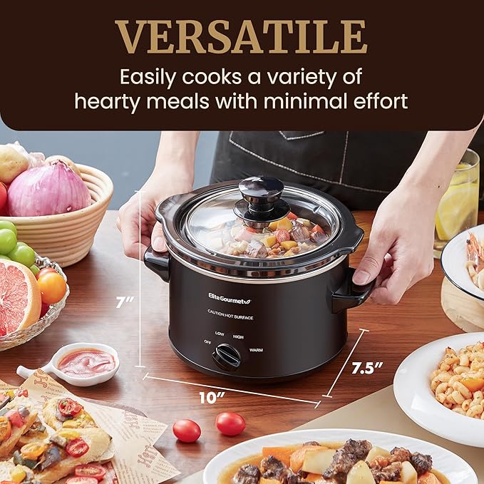 Elite Gourmet MST-250XB Electric Slow Cooker Ceramic Pot, with Adjustable Temp, Entrees, Sauces, Soups, Roasts, Stews & Dips, Dishwasher Safe (1.5 Quart, Black)