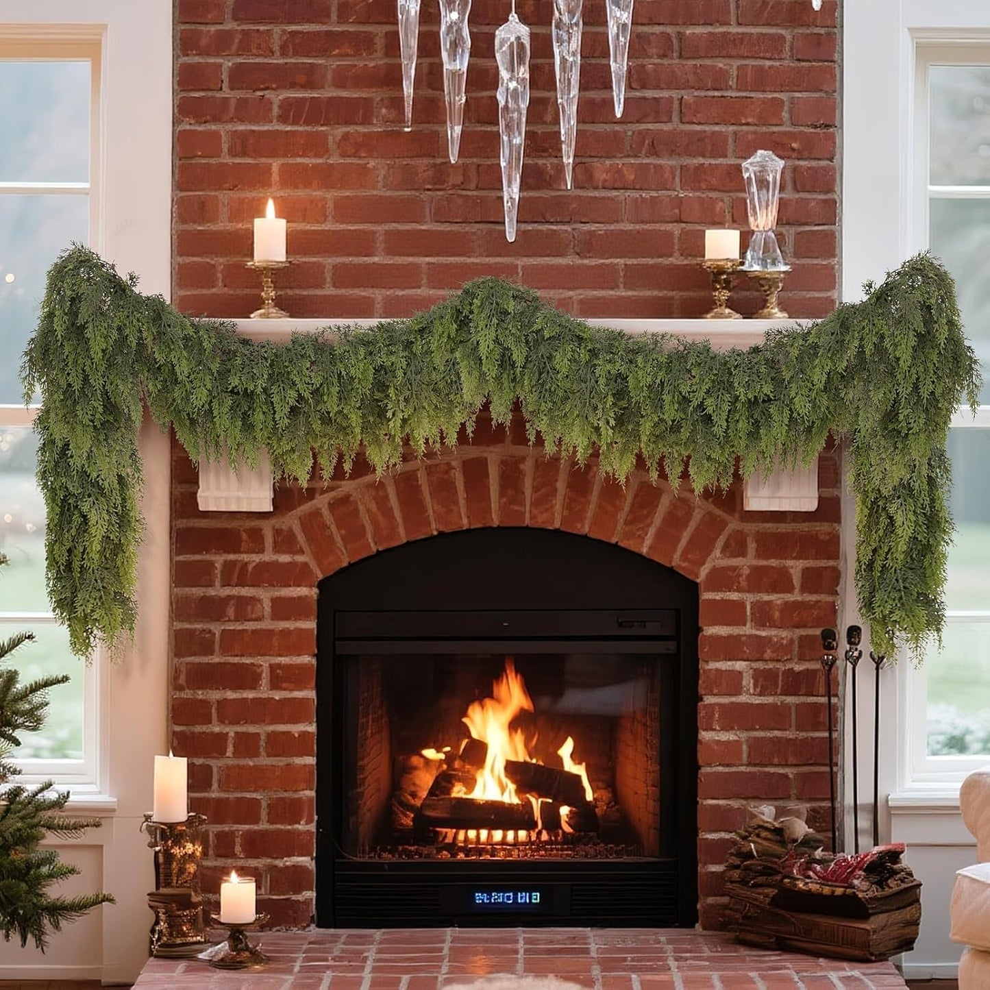 Real Touch Christmas Cedar Garland -9ft Artificial Garlands Faux Cedar Fake Pine Needles Garland for Fireplace,Table,Window,Stairs,Mante,Holiday Indoor Outdoor Xmas Decor(2PCS)