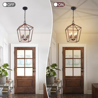 Chandelier for Dining Room, 4-Light Rustic Chandelier Fixtures, Vintage Ceiling Light with Adjustable Height, Antique Bronze Geometric Hanging Light for Bedroom, Foyer, Kitchen, Living Room, Entryway
