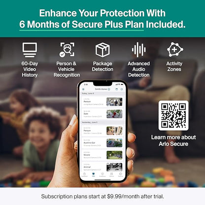 Arlo Essential Pan Tilt Security Camera 2K + 6 Months of Secure Plus Plan - Wired Plug-in Power Outdoor Camera, Person Recognition, Package Detection, Animated Preview, Auto Motion Tracking, 1 Cam