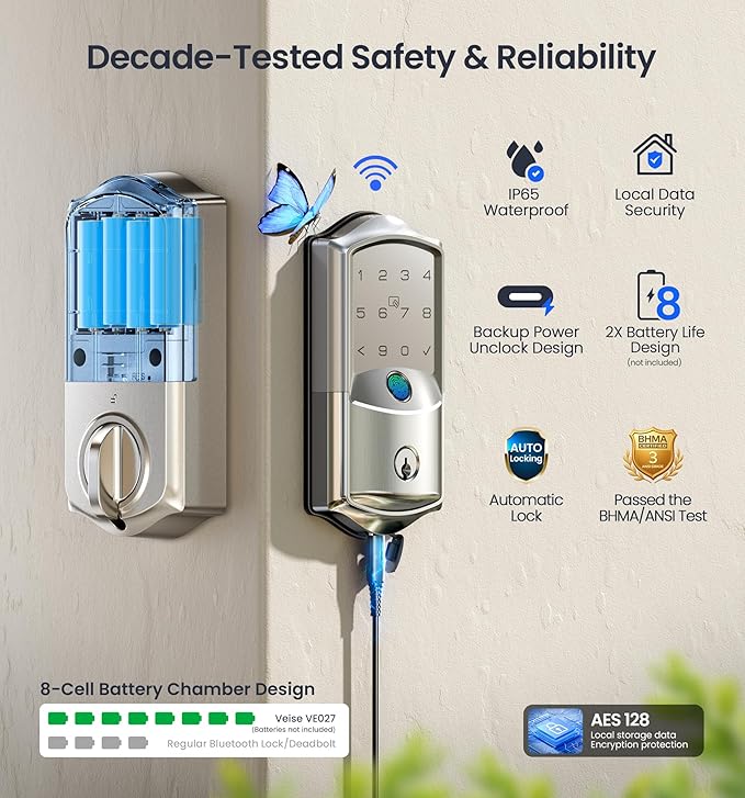 Veise VE027 Built-in Wi-Fi Smart Lock, Fingerprint Keyless Entry Front Door Lock, App Remote & Voice Control, No Hub Needed, Touchscreen Keypad Deadbolt, IP65 Waterproof, BHMA Grade 3, Satin Nickel