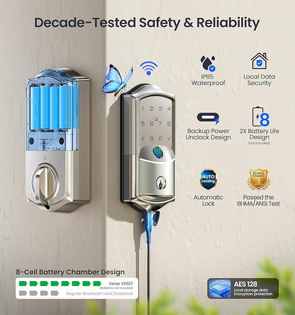 Veise VE027 Built-in Wi-Fi Smart Lock, Fingerprint Keyless Entry Front Door Lock, App Remote & Voice Control, No Hub Needed, Touchscreen Keypad Deadbolt, IP65 Waterproof, BHMA Grade 3, Satin Nickel