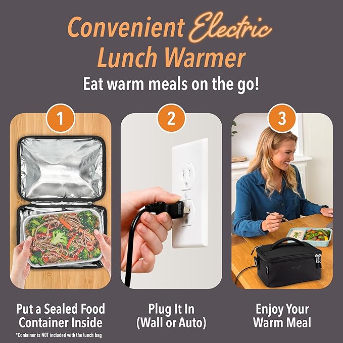 Bentgo Heat - Electric Lunch Bag & Food Warmer for Reheating Meals in Car, at Work & More - Heated Lunch Box Warmer for Adults, Students & Shift Workers, 12V/24V Auto & 120V Wall Cords (Carbon Black)