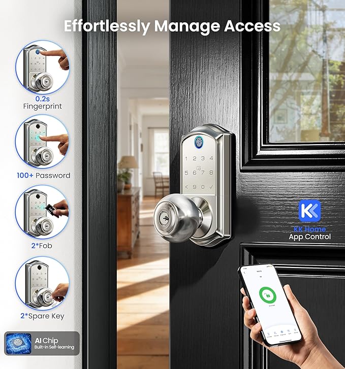 Veise VE018 Smart Knob Handle Lock - Fingerprint, App Control, Keyless Entry for Front Door and Bedroom, Electronic Digital Keypad, Auto Lock, Remote Access Sharing, IP55 Weatherproof, Satin Nickel