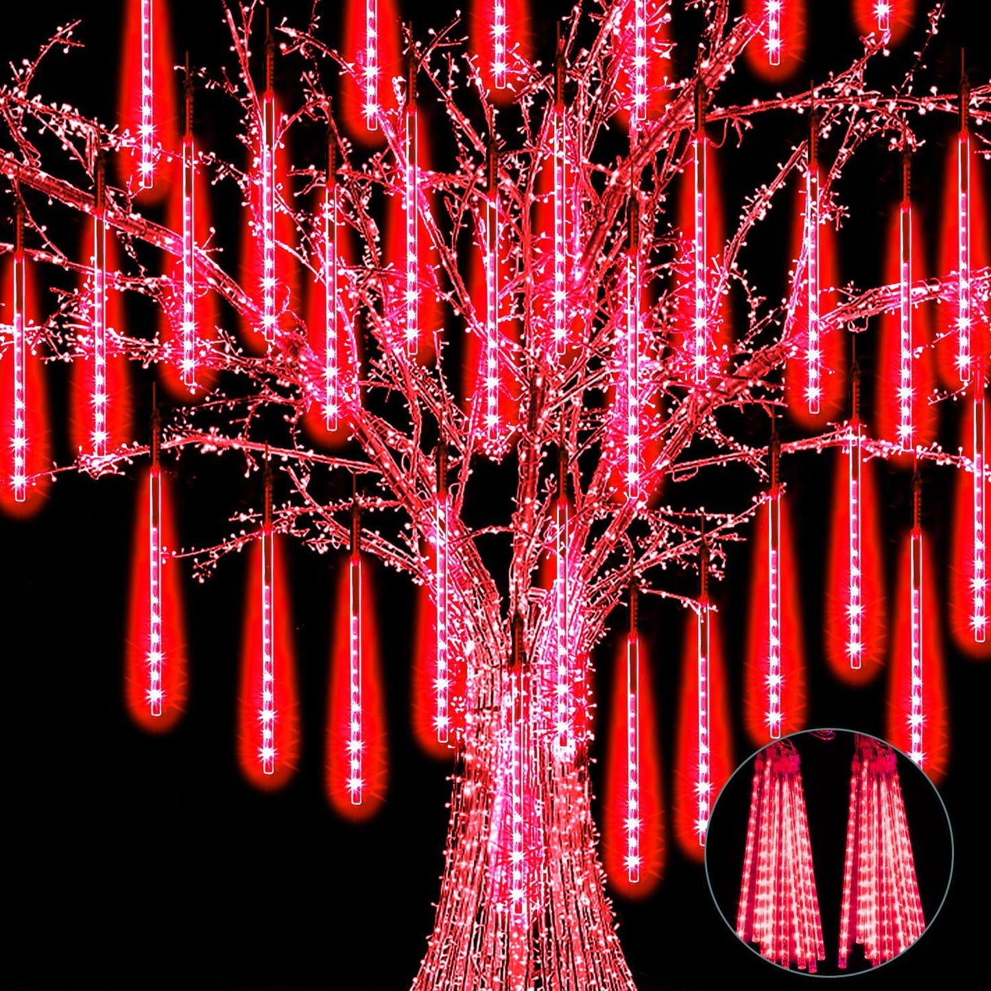 【4 Pack】 Christmas Meteor Shower Rain Lights 12inch, Totally 40 Tube 960 LEDs Icicle Lights Outdoor Raindrop Light for Xmas Halloween Wedding Party Tree Holiday Decoration, Red