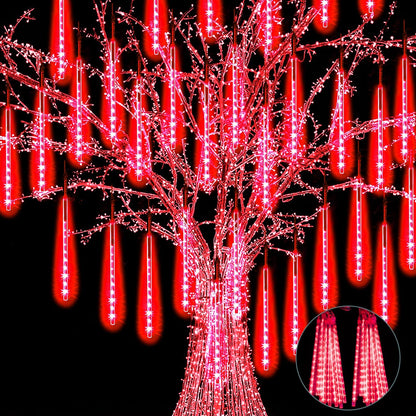 【4 Pack】 Christmas Lights Meteor Shower Rain Lights 20inch, Totally 40 Tube 1440 LEDs Icicle Lights Outdoor Raindrop Lights for Xmas Halloween Wedding Party Tree Holiday Decoration, Red