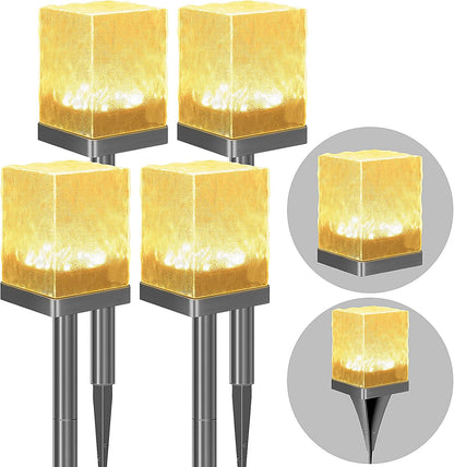 4 Pack Solar Pathway Lights Outdoor, Waterproof Ground Light Featuring Crystal-Clear Ice Brick Aesthetic, Multi-use Landscape Decoration Lighting Solar Powered Garden Lawn Lamp (Warm White)