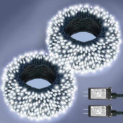 2 Pack Christmas Lights Outdoor, Total 200FT 600LED Christmas Tree Lights with 8 Modes Waterproof, Green Wire String Twinkle Lights for Indoor House Patio Yard Party Xmas Decorations, White