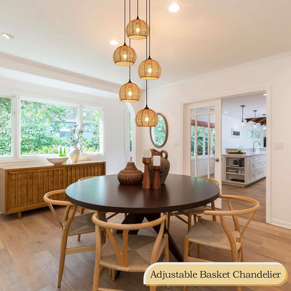 5-Light Woven Foyer Chandeliers for High Ceiling,5 Dome Boho Rattan Pendant Light Farmhouse Wicker Ceiling Light,rustic Hemp rope Light Fixture For Living Room Hallway Staircase Entryway(Bulb Incl.