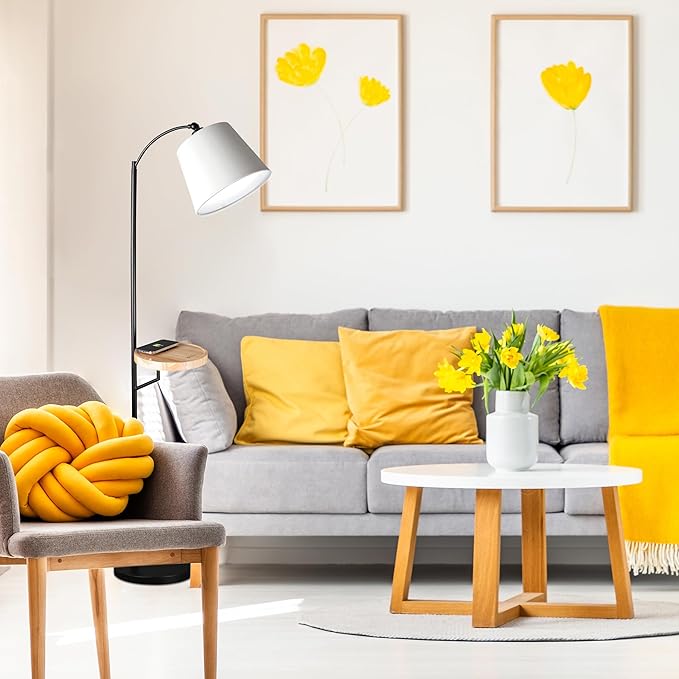 OttLite Good Housekeeping Shaded Modern LED Floor Lamp for Bedroom with Tray, Wireless Charging Table, Designed to Reduce Eyestrain, Adjustable Shade, ClearSun LED Bulb, Reading Light & Studying Lamp