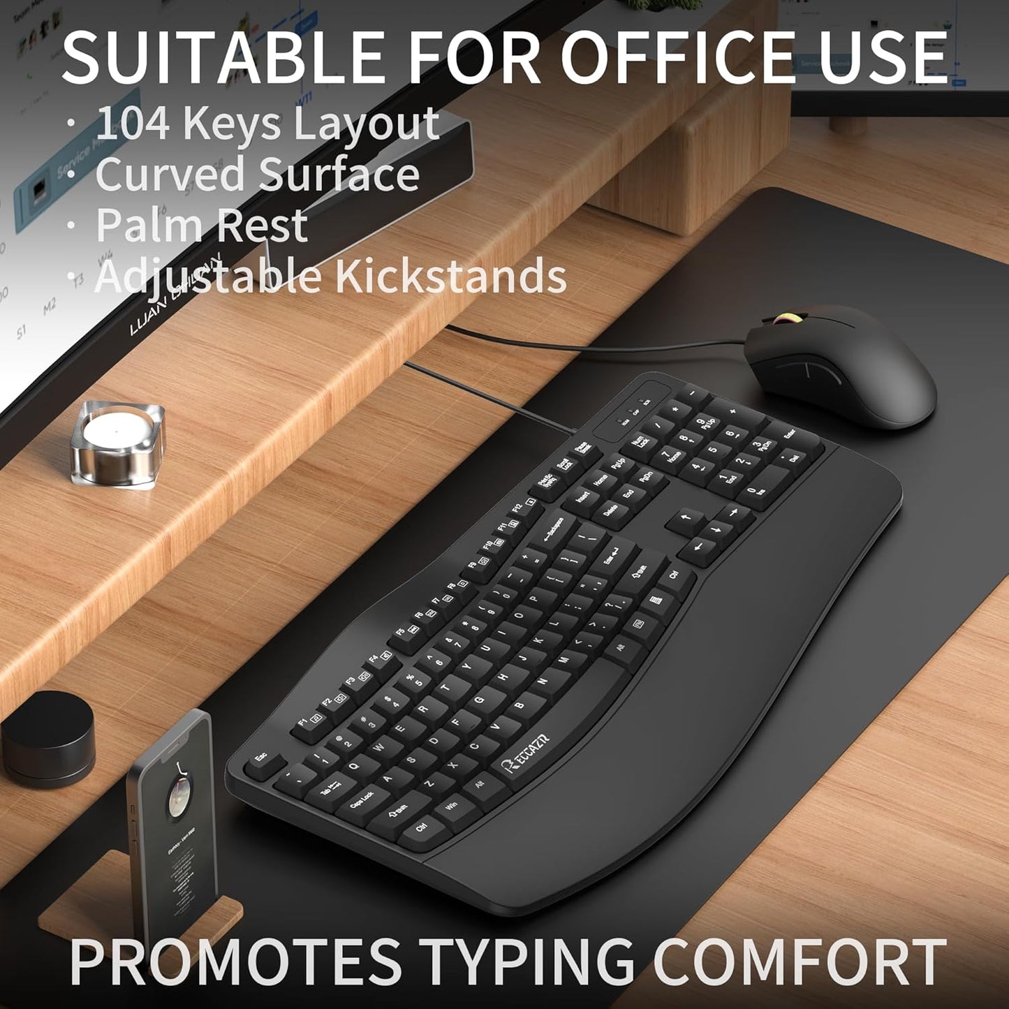 Ergonomic Keyboard, Wired Computer USB Keyboard with Wrist Rest, Spill-Resistant, Wave Keys for Natural Typing, Compatible with Windows/PC/Laptop(Black)