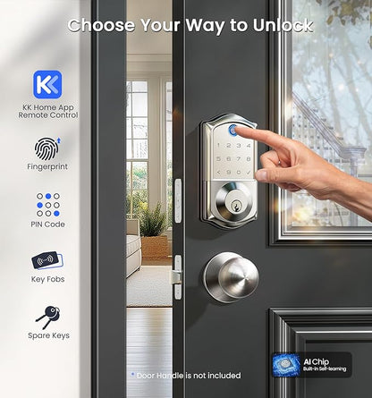 Veise VE017G Wi-Fi Keyless Entry Door Lock, App Remote & Voice Control, Fingerprint Smart Locks for Front Door, Touchscreen Electronic Keypad Deadbolt, Auto Lock, Emergency Power Port, Satin Nickel