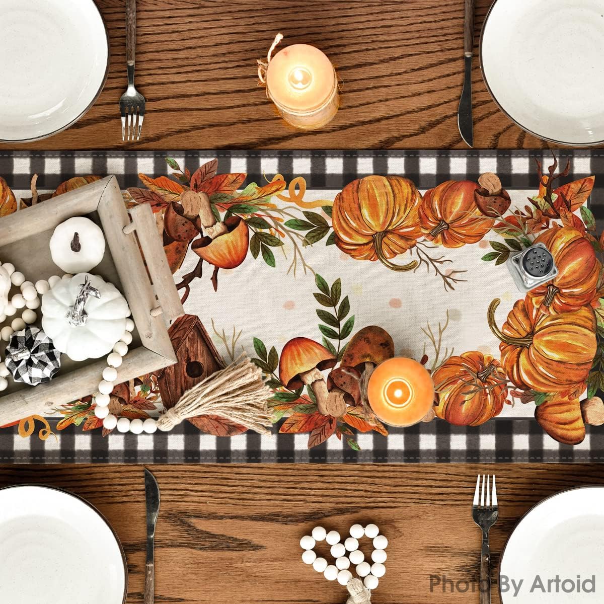 Artoid Mode Buffalo Plaid Pumpkin Mushroom Birdhouse Leaves Fall Table Runner, Autumn Kitchen Dining Table Decoration for Home Party Decor 13x120 Inch