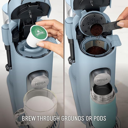 Ninja Pod & Grounds Specialty XL Single-Serve Coffee Maker, K-Cup Pod Compatible, Brews Grounds, Compact Design, Built-In Milk Frother, 68-oz. Reservoir, 6oz. Cup-24oz. Mug Sizes, Denim Blue, PB055ABL