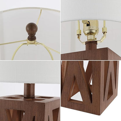 JONATHAN Y 21.5" Brown Farmhouse Wood Table Lamp for Bedside and Living Room, White Linen Drum Shade, Rustic Modern Desk Lamp for Bedroom, LED Bulb Included (JYL1062A-SET2)