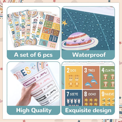 Spanish Educational Preschool Placemats Set of 6 Boho Plastic Table Mats Toddler Children Montessori Place Mats for Kids Washable Vinyl Holiday Table Decoration for Indoor Outdoor Party Kitchen Dining