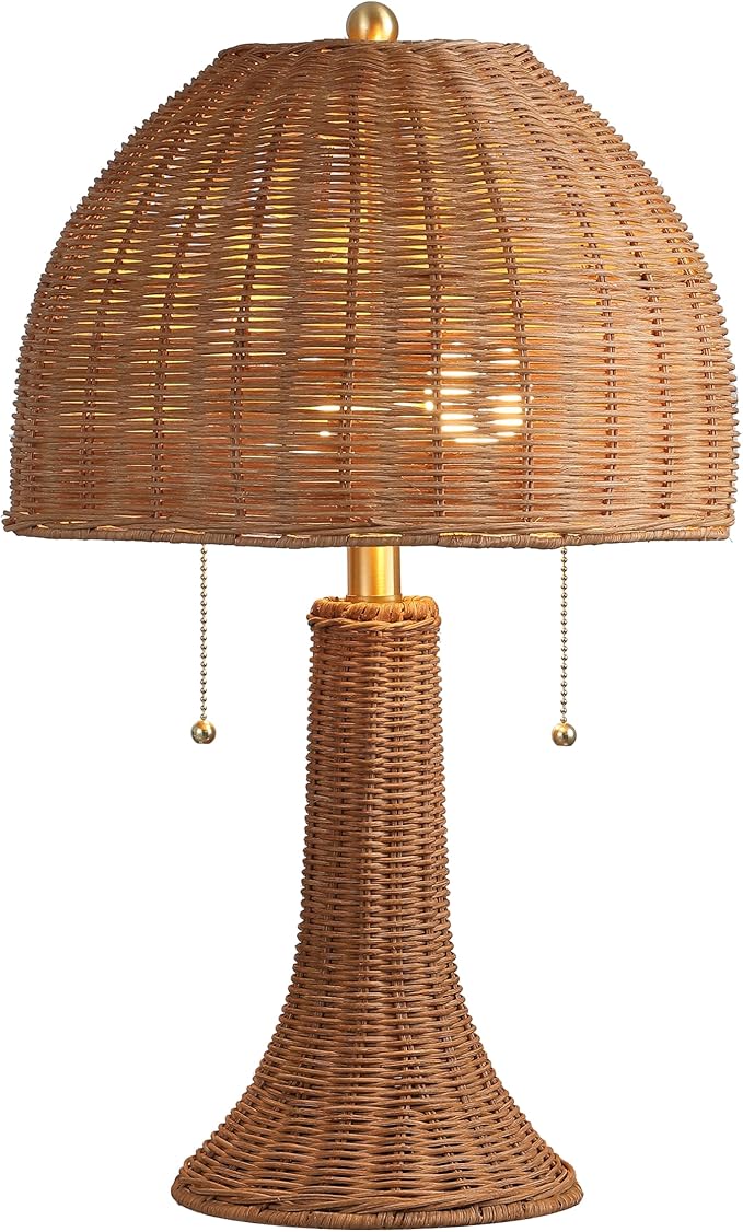 JONATHAN Y 22" Dark Brown/Brass Gold Bohemian Rustic LED Table Lamp for Bedroom, Natural Rattan Shade, Farmhouse Coastal Nightstand Lamp for Living Room, LED Bulbs Included (JYL4040C)