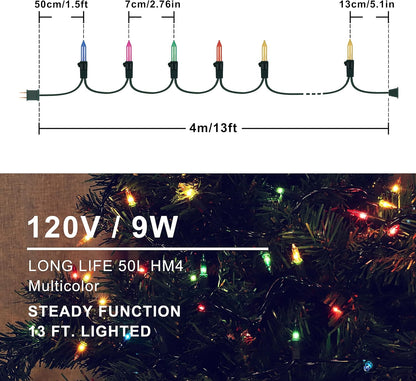 Hopolon Christmas String Lights,2 Pack 13ft 50Count Incandescent Mini String Lights Connectable, Waterproof Fairy Lights for Garden Xmas Tree Wedding Wreath Party Decoration (Multicolor 2 pcs)