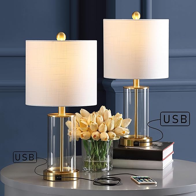 JONATHAN Y 21" Brass Gold Modern Glass Table Lamp Set of 2, Bedside Nightstand Lamps with USB Charging Port, White Linen Shade, LED Bulbs Included (JYL8500B-SET2)