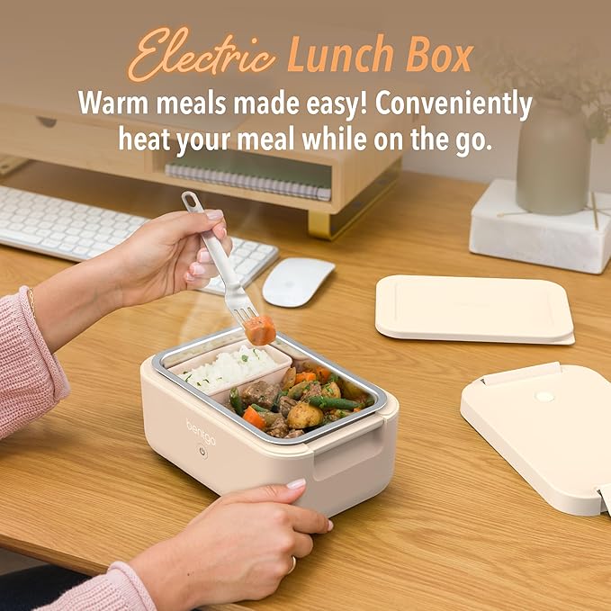 Bentgo Heat - Electric Lunch Box - Portable Food Warmer for Adults, Heated Lunch Box for Work, Travel, School & On the Go, Plug Into Wall or Car, Ideal for Ages 14+, 12V/24V & 120V Cords (Latte)