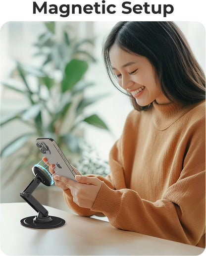COOPER Magnetic Phone Stand for Desk, Mag360 Adjustable MagSafe Stand for iPhone 16 Pro Max, 15 14 13 12 & Plus | 360° MagSafe Phone Holder, Strong Magnetic MagSafe, Foldable 3-Axis Leg (Cream White)