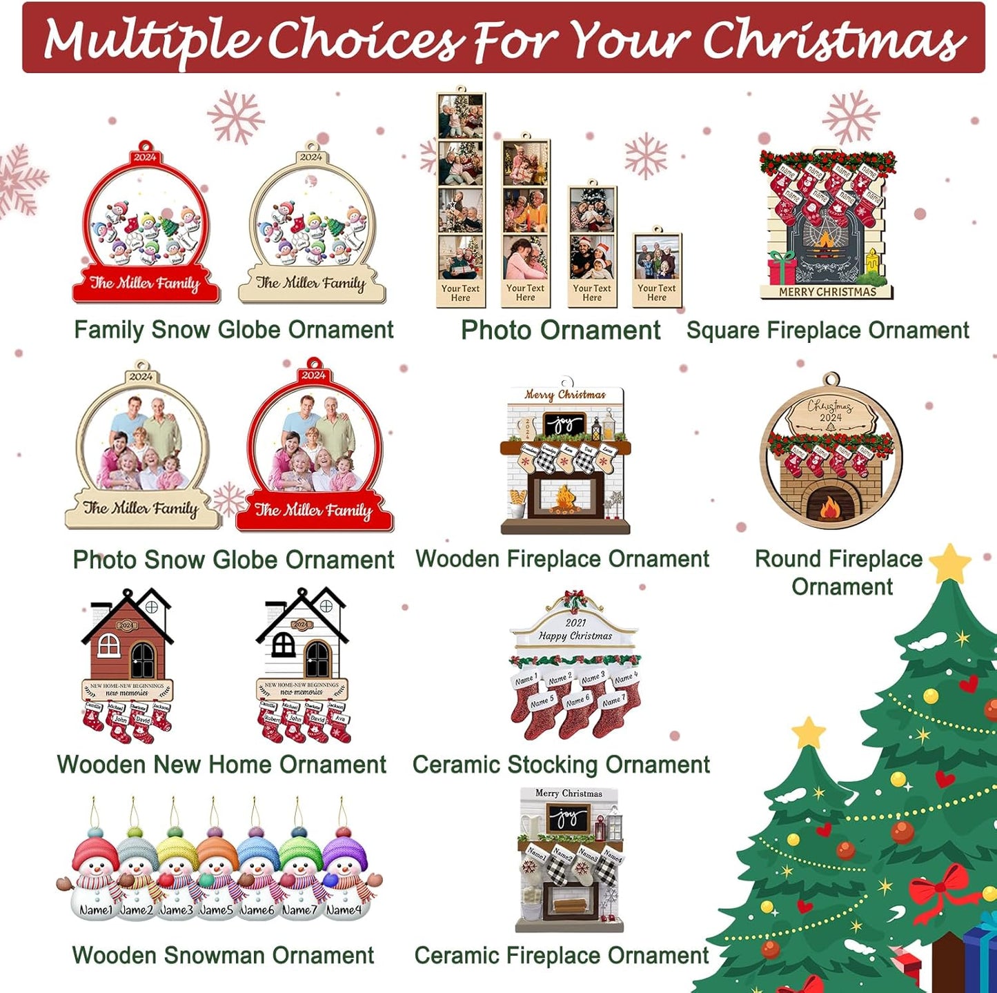 Personalized Christmas Ornaments with Names of 2/3/4/5/6/7/8 Custom Family Ornament Customized Xmas Tree Hanging Wood Decoration Gift Red Fireplace