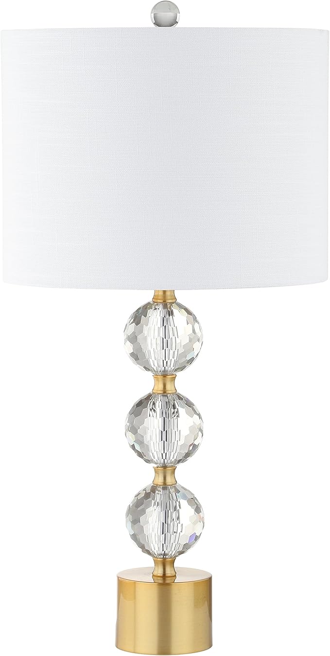 JONATHAN Y 25.25" Clear and Brass Gold Crystal Table Lamp, Modern Glam Faceted Orb Bedside Lamp with White Linen Drum Shade for Living Room Bedroom, LED Bulb Included JYL5017A