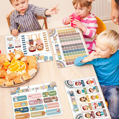 Educational Preschool Kids Placemats Set of 6 Boho Toddler Montessori Plastic Table Mats Non Slip Reusable Kids Place Mats Washable Table Decoration for Indoor Outdoor Party Kitchen Dining
