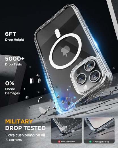 Miracase Magnetic for iPhone 15 Pro Max Case 6.7'' [Compatible with Magsafe] Full-Body Drop Proof Phone Case for iPhone 15 Pro Max with Built-in 9H Tempered Glass Screen Protector,Clear Glitter