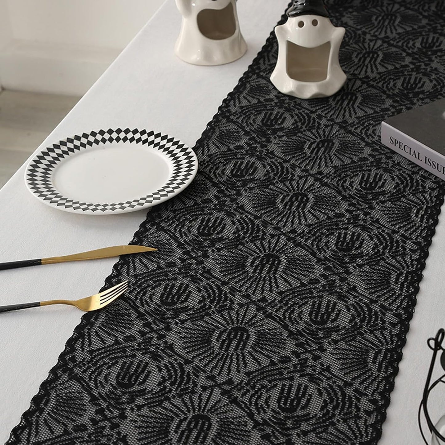Halloween Black Lace Table Runner Ghost Hand Pattern Gothic Table Decorations Fireplace Mantel Scarf Halloween Indoor Party Tabletop Decor Supplies for Home Party 12×71 Inches