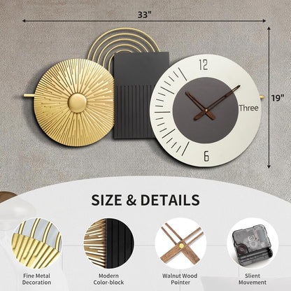 33inch Modern Wall Clock Decorative Clocks for Living Room,Light Luxury Style Timepiece, Metal & Wood Watch Battery Operated Perfect for Suitable for Living Room,Bed Room, Kitchen, Office