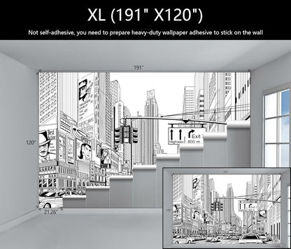WFBHUA-Black and White New York City Wallpaper Hand Painted Times Square Wall Mural Decoration for Living Room Bedroom Offices(Not Peel and Stick)