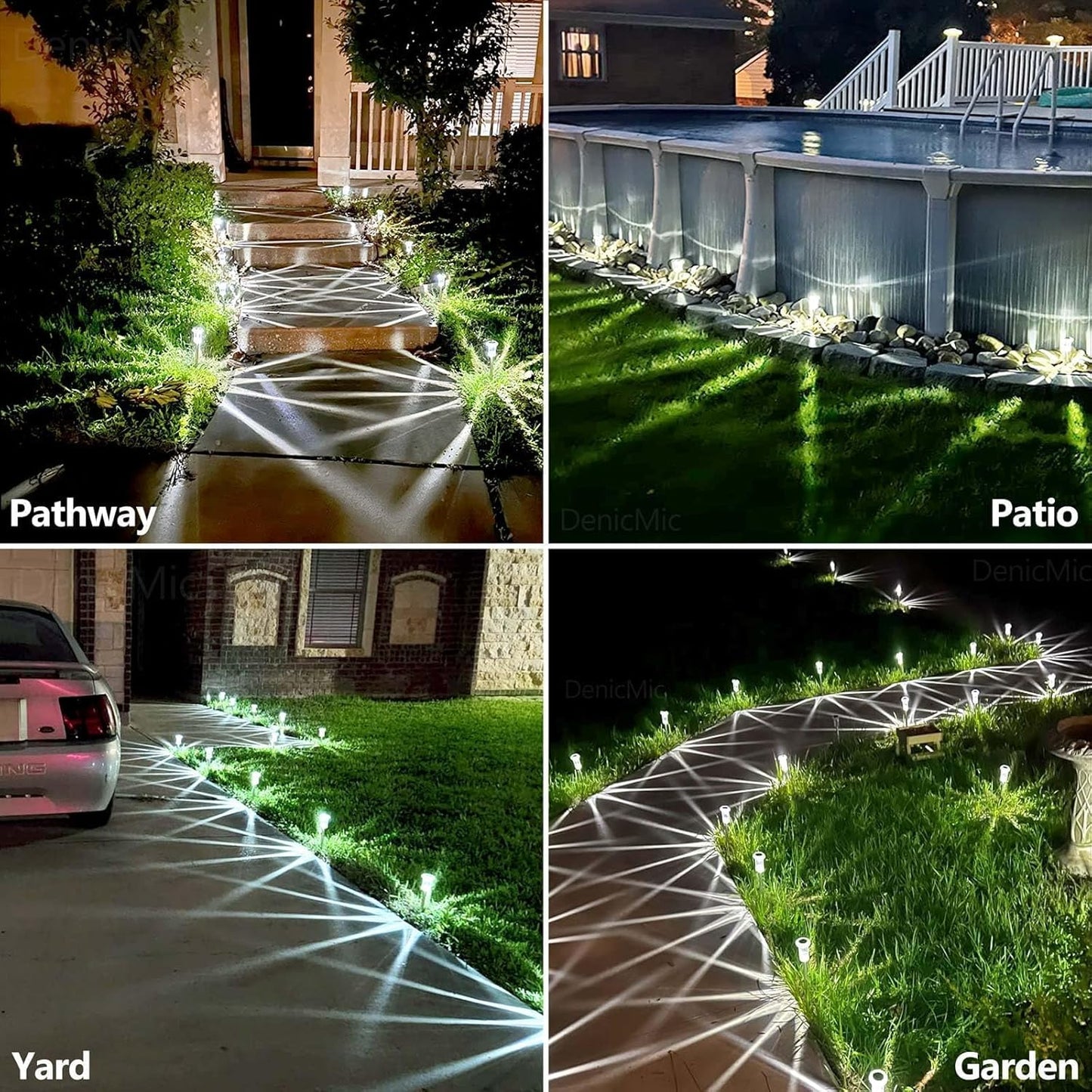DenicMic Solar Lights Outdoor 15 Pack Waterproof 6000K Cold White LED Stainless Steel Stake for Pathway Yard Garden Driveway Solar Powered Outside Decor