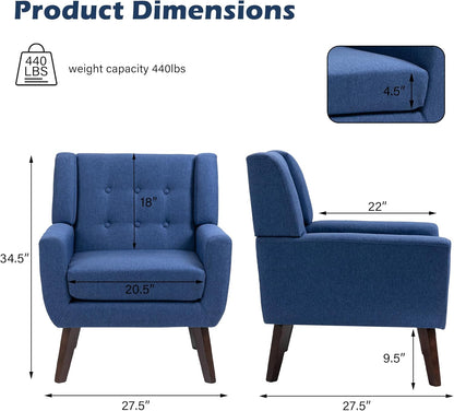 UIXE Accent Chair, Modern Upholstered Armchair in Fabric for Living Room, Comfy Club Arm Chairs Single Sofa Button Tufted Bedroom Reading Seat - Blue, Set of 4