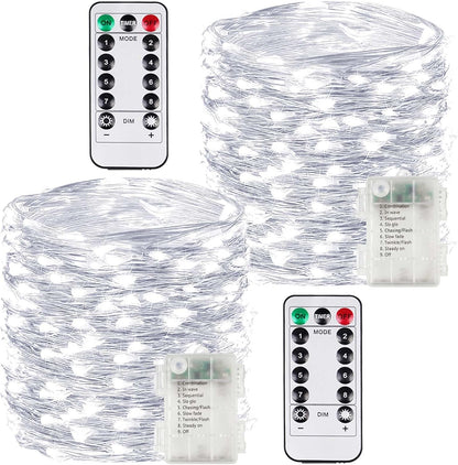 2 Pack 200LED Battery Operated Fairy Lights with Remote, 8 Modes LED String Lights with Timer, Dimmable, Memory Function, Waterproof Twinkle Lights for Outdoor Indoor Christmas Decor(Cool White)