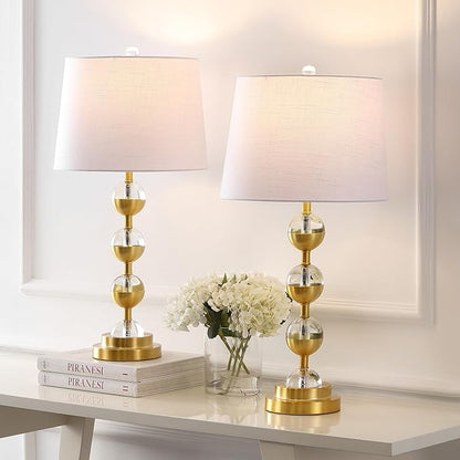JONATHAN Y 27.5" Clear/Brass Gold Crystal LED Table Lamp Set of 2 for Bedroom, Modern Stacked Sphere Lamps for Living Room, White Linen Drum Shade, LED Bulbs Included JYL2049A-SET2