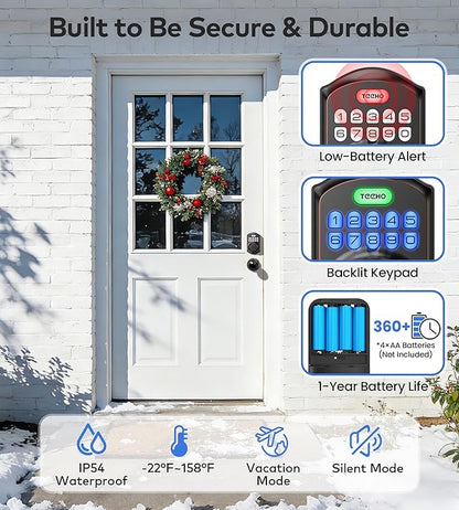 TEEHO TE001K Keyless Entry Door Lock with Handle, Electronic Keypad Deadbolt with 2 Knobs, High-Security Front Door Handle Set for Home & Rental, Smart Auto-Locking, Easy Install, Oil-Rubbed Bronze