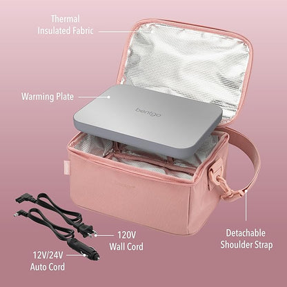 Bentgo Heat - Electric Lunch Bag & Food Warmer for Reheating Meals in Car, at Work & More - Heated Lunch Box Warmer for Adults, Students & Shift Workers, 12V/24V Auto & 120V Wall Cords (Blush)