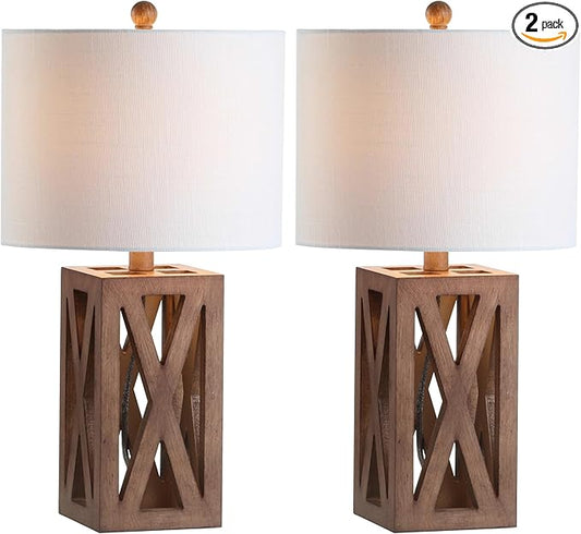 JONATHAN Y 21.5" Brown Farmhouse Wood Table Lamp for Bedside and Living Room, White Linen Drum Shade, Rustic Modern Desk Lamp for Bedroom, LED Bulb Included (JYL1062A-SET2)