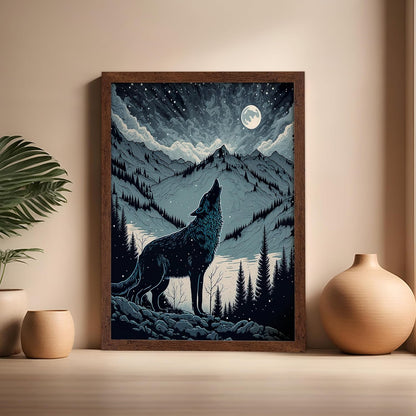 Poster Master Vintage Illustration Poster - Retro Animal Print - Gift for Artist, Friend - Wolf Howling at the Moon, Mountain, Snow, Landscape - Wall Decor for Home, Office, 16x20 Brown Framed