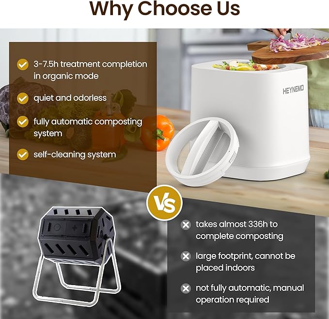 HEYNEMO 4L Electric Composter for Kitchen, Smart Compost Bin Outdoor/Indoor, Odorless Auto-Cleaning Countertop Composter Kitchen Bin, 3 Modes Food Waste Compost Machine with Safety Lock