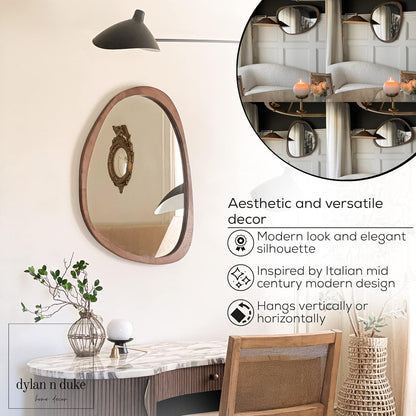 Irregular Wood Frame Boho Mirror - Large Wall Mounted Accent, Asymmetrical, Modern Aesthetic Wall Decor for Bedroom, Entryway, Living Room, Bathroom (Brown)
