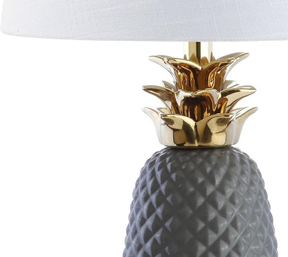 JONATHAN Y 23" Gray/Gold Pineapple Ceramic Table Lamp for Bedroom Decor, Modern Whimsical Bedside Nightstand Lamp with White Linen Drum Shade and LED Bulb (JYL4019B)