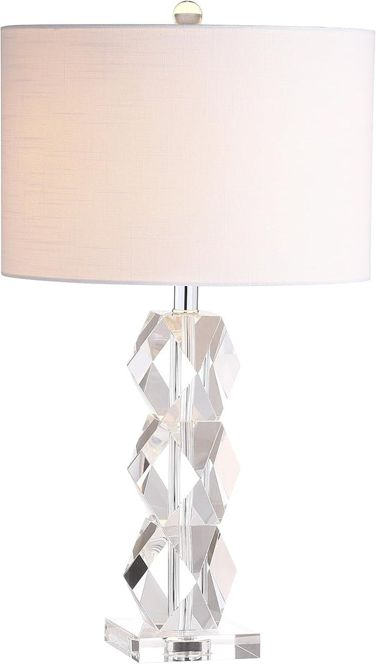 JONATHAN Y 26" Clear Faceted Crystal LED Table Lamp, Glam Modern Contemporary Column Lamp for Bedroom Living Room, White Linen Drum Shade, UL Listed, LED Bulb Included JYL5012A