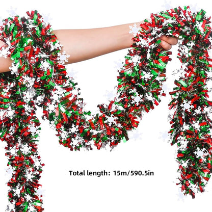 50 Feet Green Red Christmas Metallic Tinsel Twist Hanging Garland with Snowflake for Home Mantle Xmas Tree Staircase Railing New Year Holiday Party Indoor Outdoor Decorations（2 Pcs）