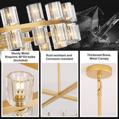 Modern 48 inch Gold Round Chandelier Light Fixture,Crystal Chandeliers for Dining Room,Living Room, Wagon Wheel Chandelier Over Table, Chandeliers for Bedroom,Foyer,G4 Bulbs Included