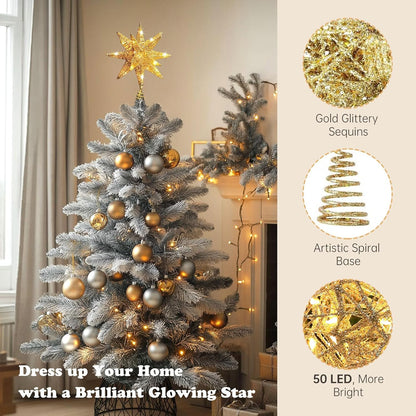 Christmas Tree Topper Star Gold with Warm White 50 LED Lights, Star Tree Topper for Christmas Tree Tradition Moravian Decor, 11X 7.87 Inch with 5m Long Line, Estrella para Arbol De Navidad