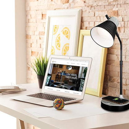 OttLite Wellness Series Wireless Charging LED Table Lamp, Black with Grey Woodgrain Accents,Touch Activated Controls, Flexible Neck, ClearSun LED Light, for Work, Study, Reading…